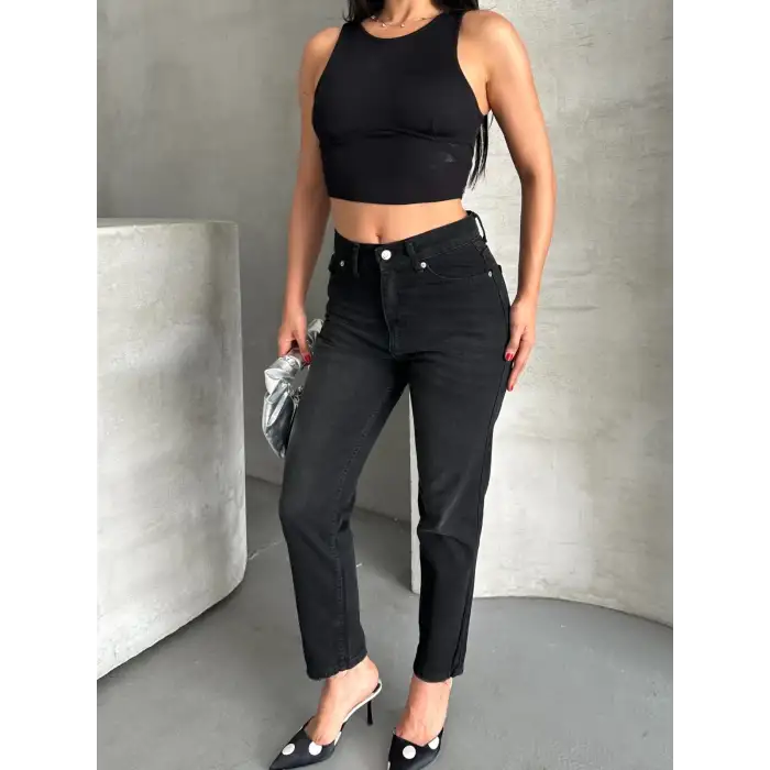 Mom fit enzim bıyıklı taş yıkama jeans pantolon siyah d2006
