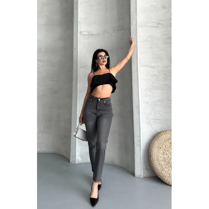 Mom fit enzim taş yıkama jeans pantolon füme d2006