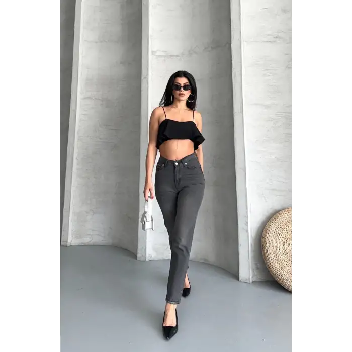 Mom fit enzim taş yıkama jeans pantolon füme d2006