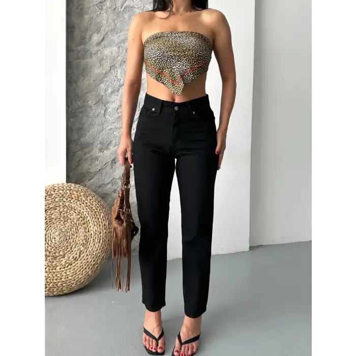 Mom fit enzim taş yıkama jeans pantolon siyah d2006