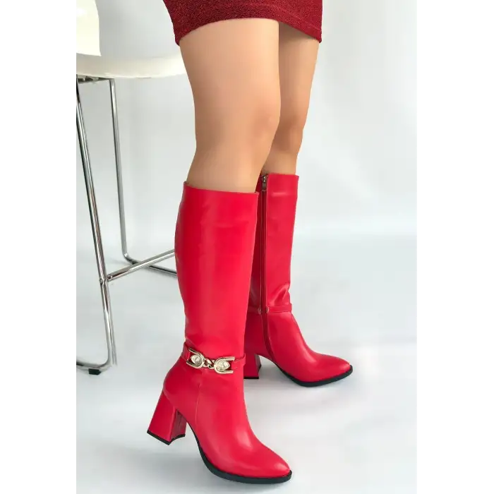 Mooni Kırmızı Cilt Topuklu Çizme