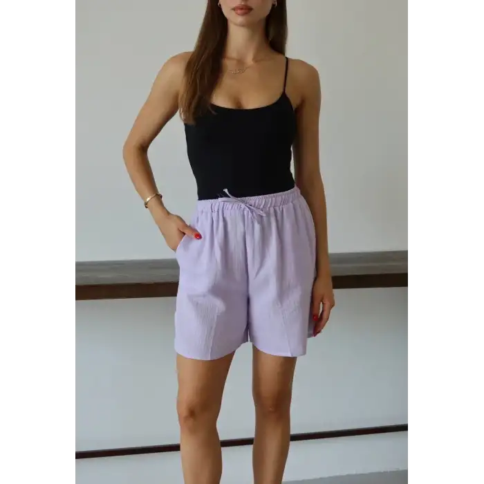 Müslin kumaş şort bağcıklı lila pt