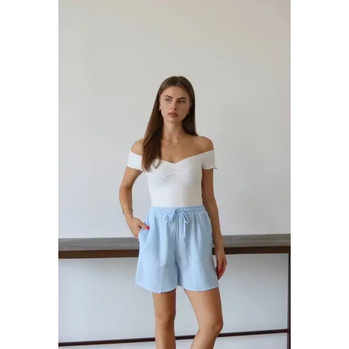 Müslin kumaş şort bağcıklı mavi pt