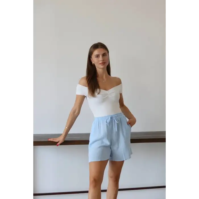 Müslin kumaş şort bağcıklı mavi pt