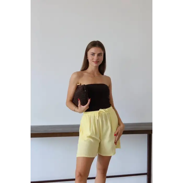 Müslin kumaş şort bağcıklı sarı pt