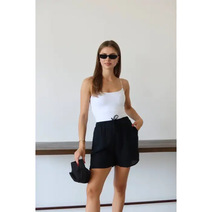 Müslin kumaş şort bağcıklı siyah pt