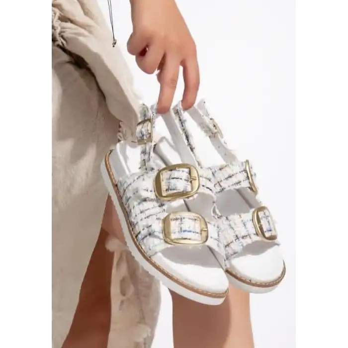 Olira Beyaz Simli Kemerli Sandalet