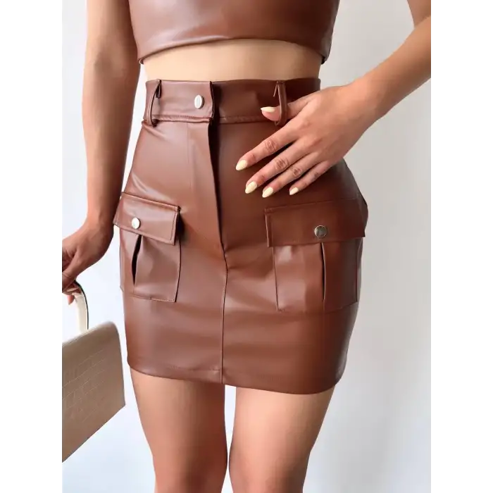 Önden iki cepli deri etek kahve h240040