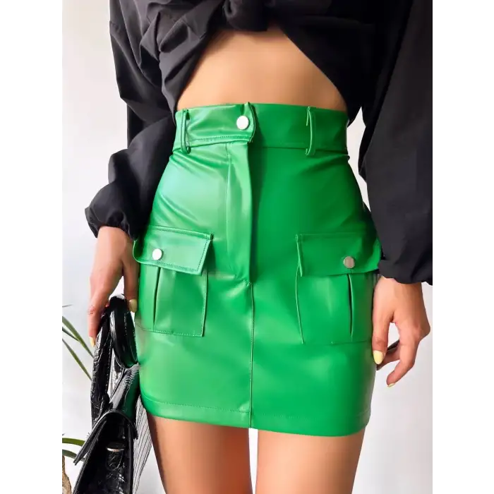 Önden iki cepli deri etek yeşil h240040