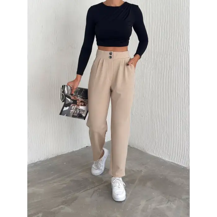 örme krep pantolon çift düğmeli