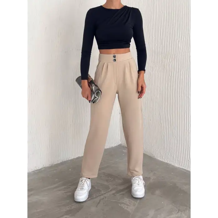 örme krep pantolon çift düğmeli