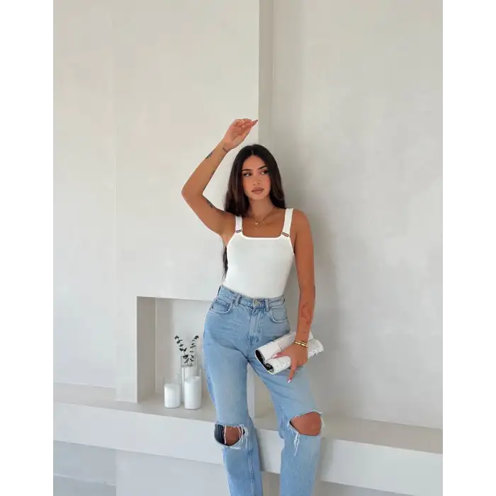 Ottoman toka askılı bluz beyaz s4194