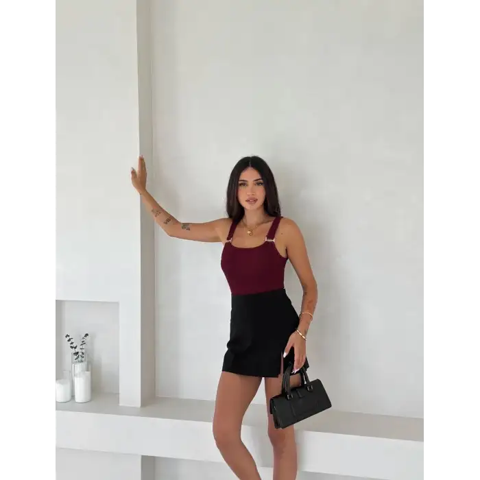 Ottoman toka askılı bluz bordo s4194