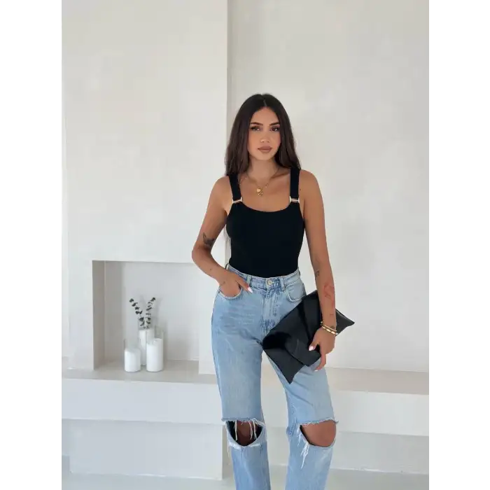 Ottoman toka askılı bluz siyah s4194