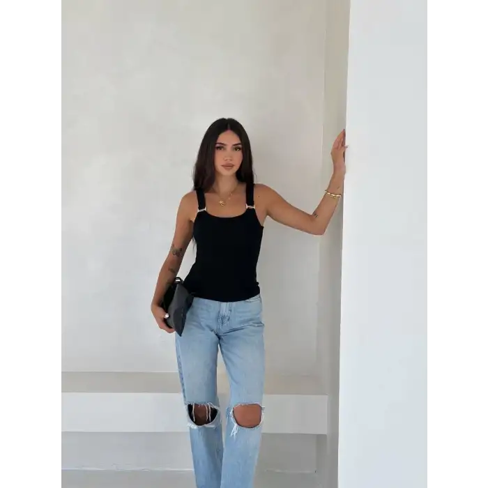 Ottoman toka askılı bluz siyah s4194