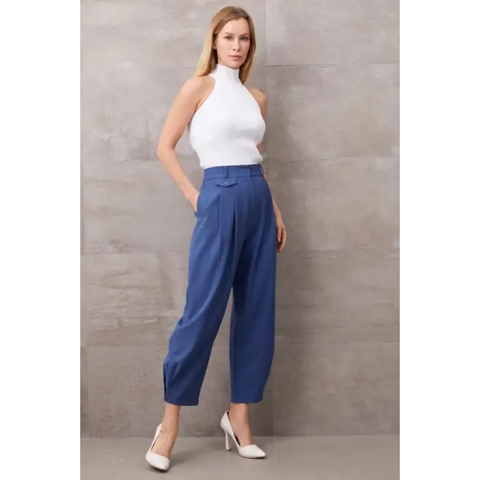 Paçası Düğmeli Yüksek Bel Pantolon