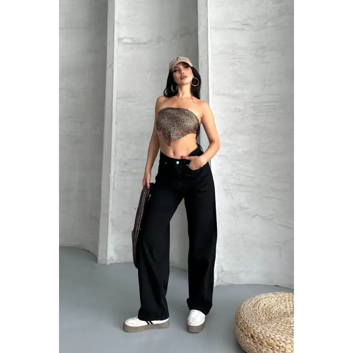 Palazzo straight enzim süper taş yıkama jeans pantolon siyah d2008