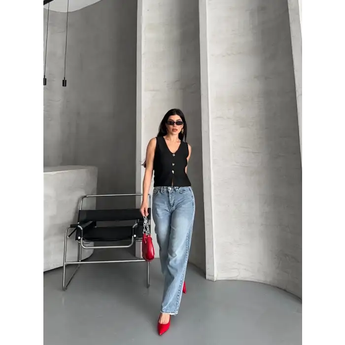 Palazzo straight kar yıkama jeans pantolon mavi d2008