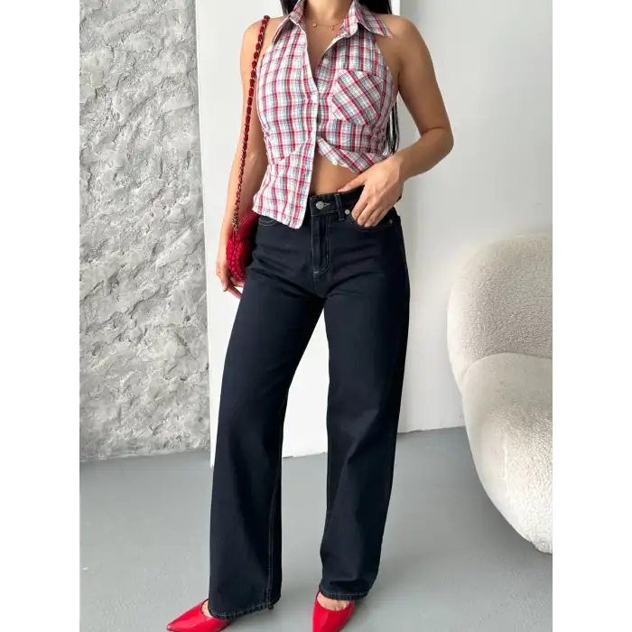 Palazzo süper taş enzim tint yıkama koyu lacivert jeans pantolon d2008