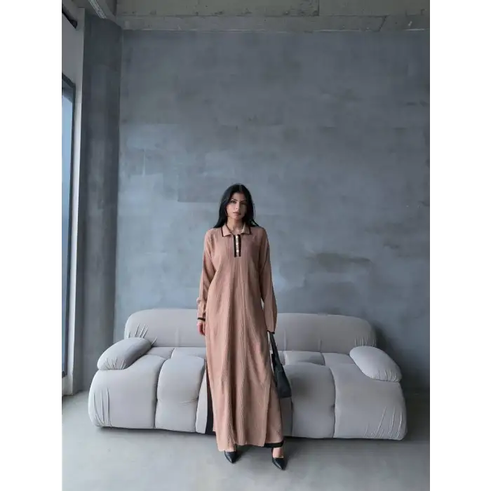 Pantolon yırtmaçlı elbise ikili triko takım vizon elf