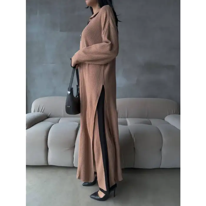 Pantolon yırtmaçlı elbise ikili triko takım vizon elf