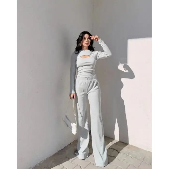 Pencereli detaylı alt üst takım gri w3864