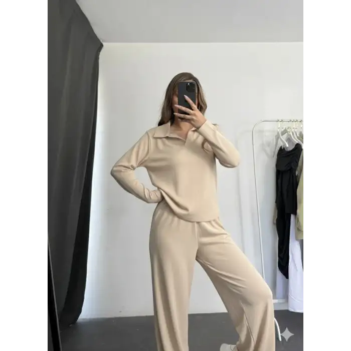 Polo yaka alt üst kollu modal takım bej pt