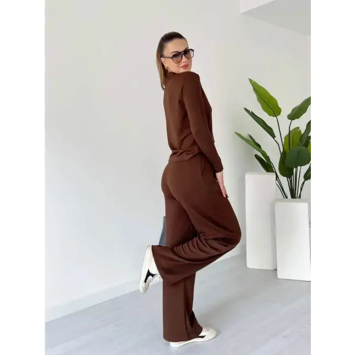 Polo yaka alt üst kollu modal takım kahve pt