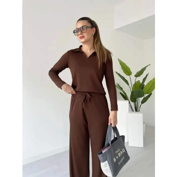 Polo yaka alt üst kollu modal takım kahve pt