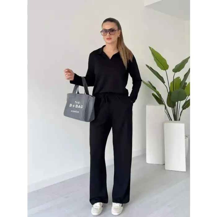 Polo yaka alt üst kollu modal takım siyah pt