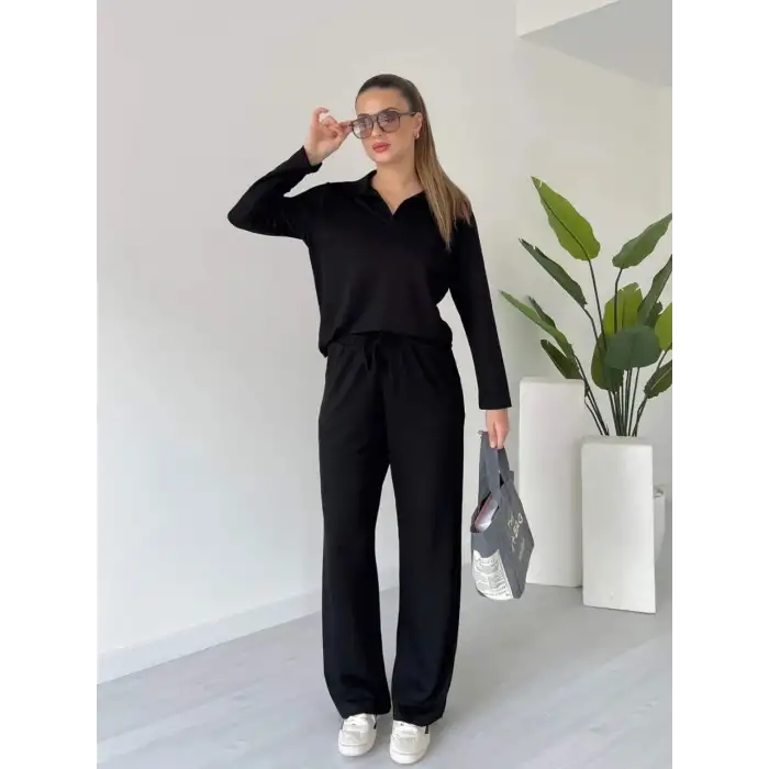 Polo yaka alt üst kollu modal takım siyah pt