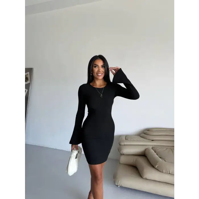 Prenses kol esnek kumaş elbise siyah f2334