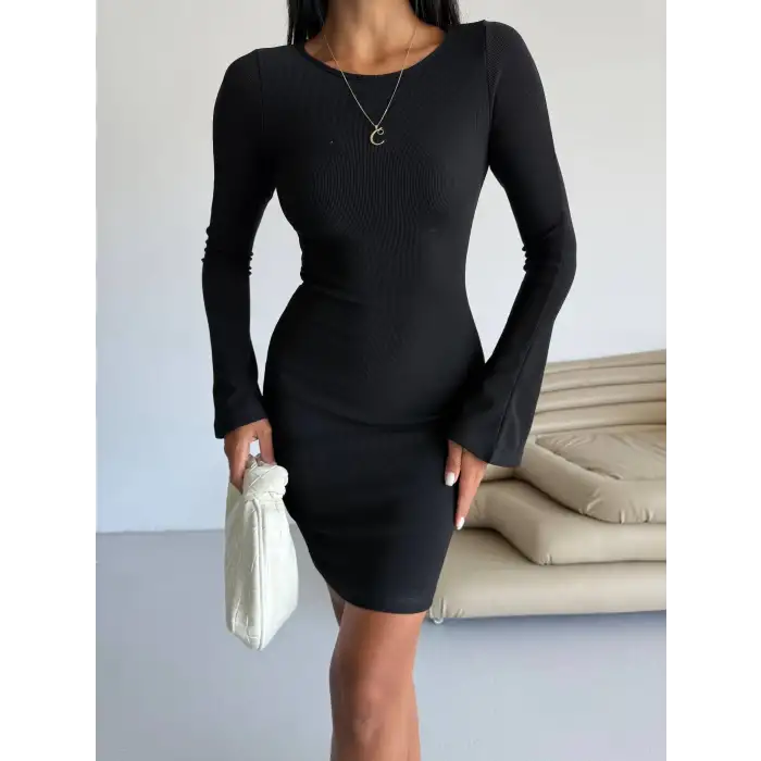 Prenses kol esnek kumaş elbise siyah f2334