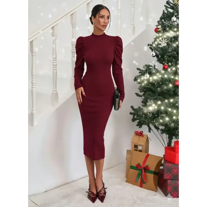 Prenses kol kaşkorse elbise bordo a3691