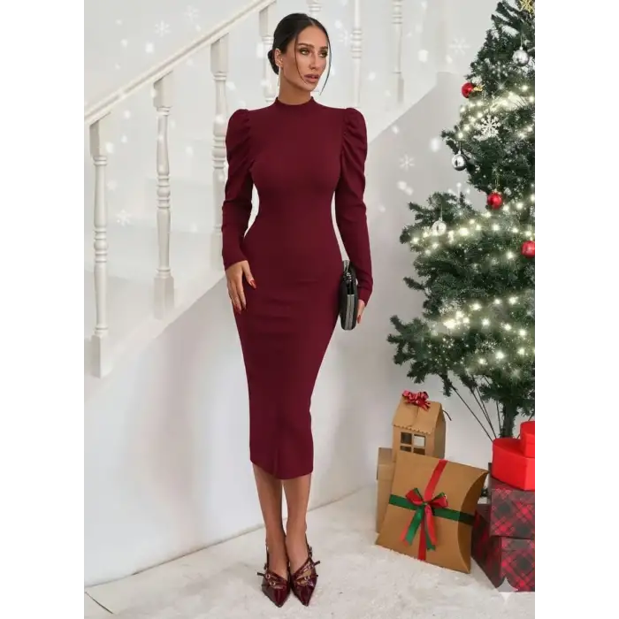 Prenses kol kaşkorse elbise bordo a3691