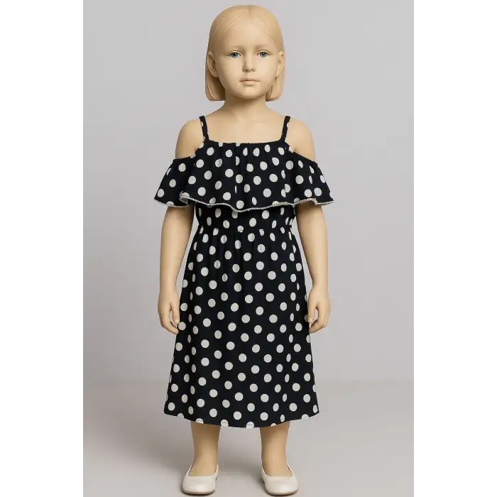 Puantiyeli askılı prenses elbise kız çocuk lacivert