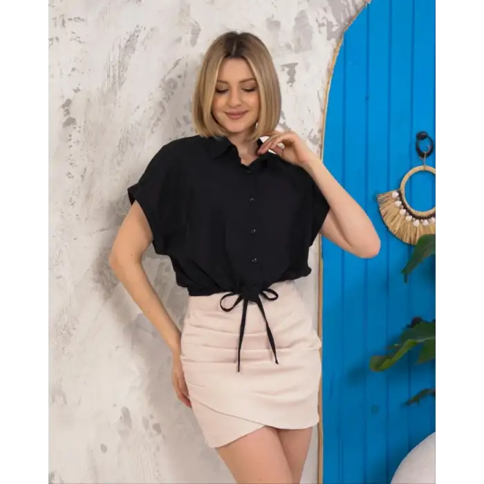 Sıfır kollu bağlamalı crop gömlek siyah s255359