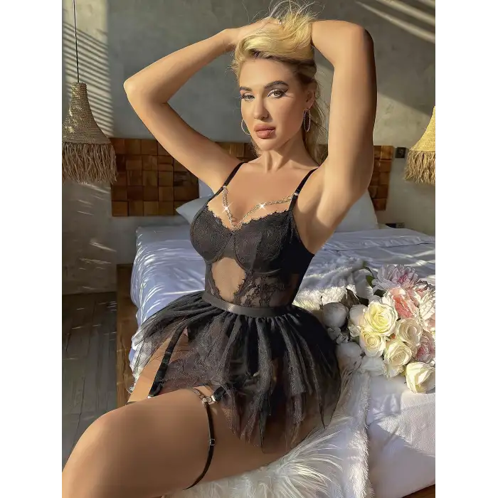 Siyah Tül Etekli Jartiyer Fantezi Takım 2032