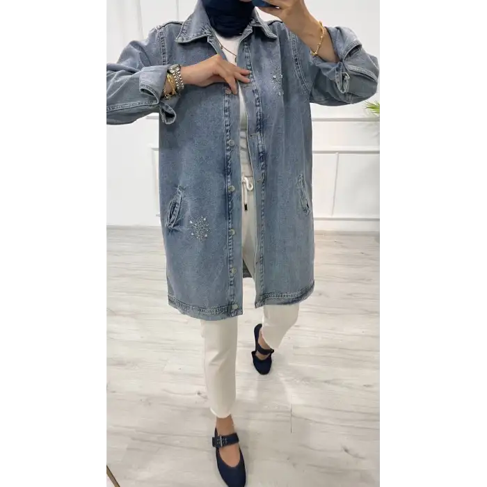 Taşlı tunik ceket kar yıkama orta mavi d2516