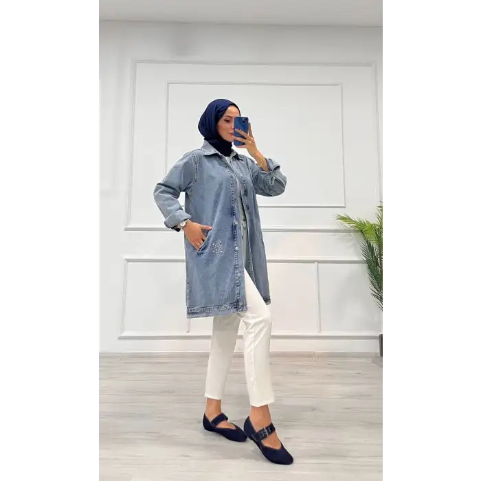 Taşlı tunik ceket kar yıkamalı mavi d2516