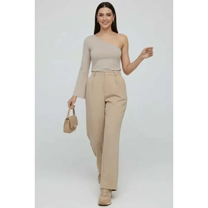 Tek Omuzlu Basic Bluz Vizon T4275