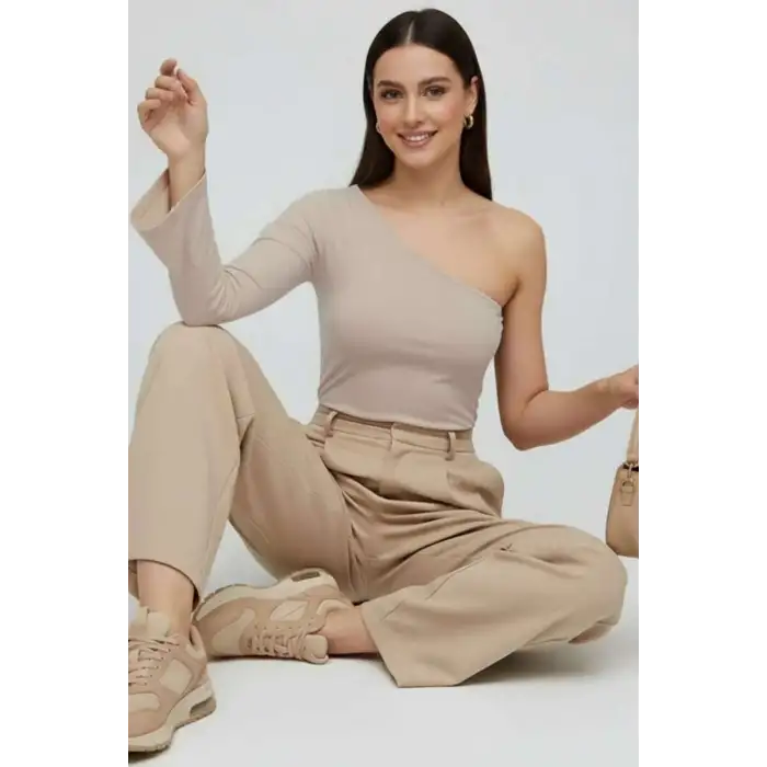 Tek Omuzlu Basic Bluz Vizon T4275