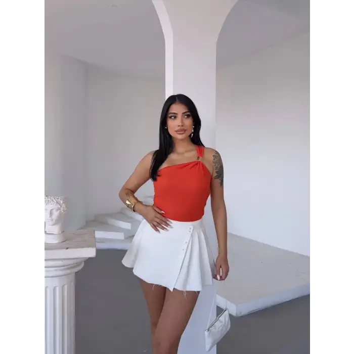 Tek omuzlu Otoman kumaş gold metal detaylı bluz s2311