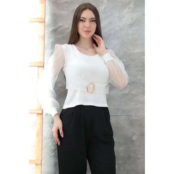 Tokalı tül kollu bluz beyaz t4071