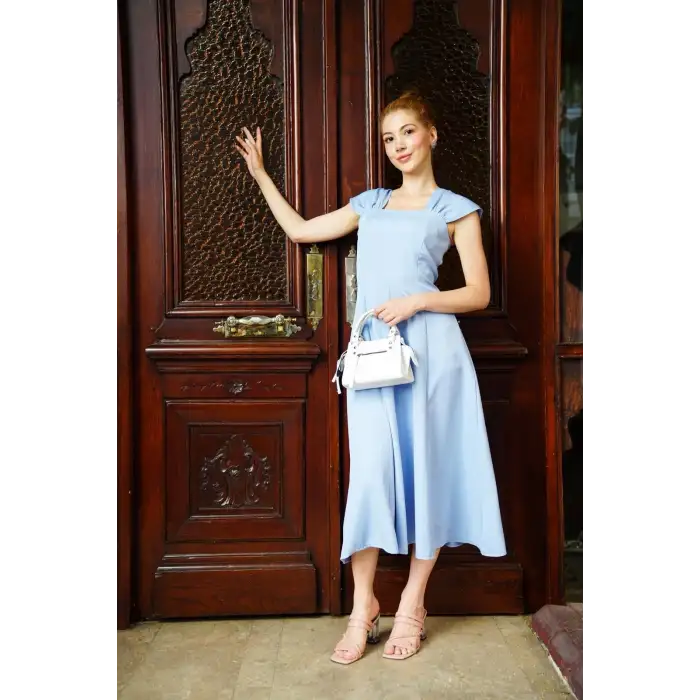 U yaka prenses elbise mavi s255101