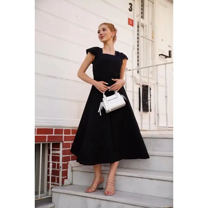 U yaka prenses elbise siyah s255101