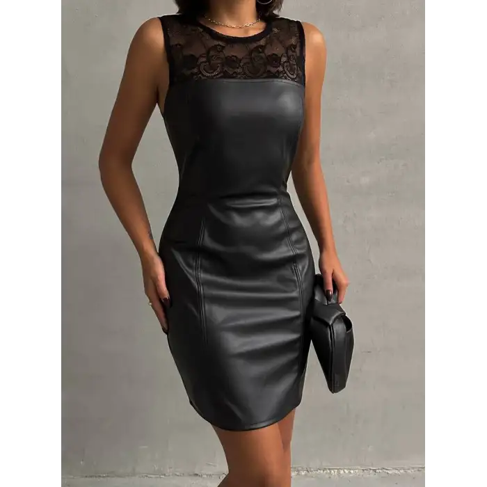 Üstü dantelli straplez deri elbise siyah w24421