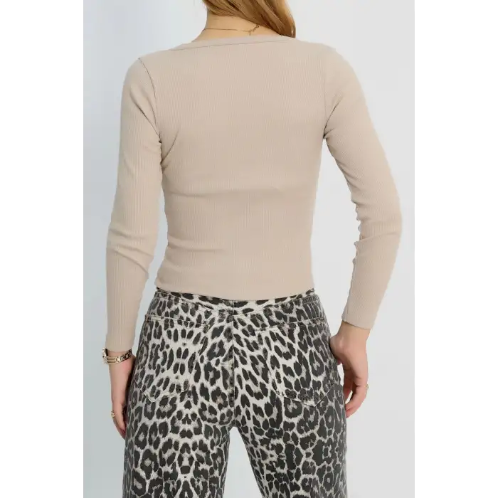 V yaka kaşkorse bluz bej a3699