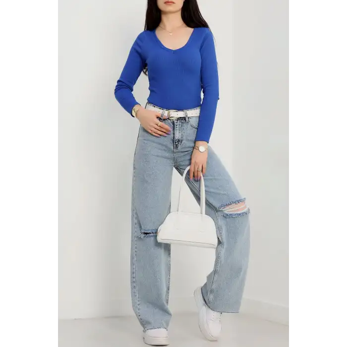 V yaka kaşkorse bluz saks mavisi a3699