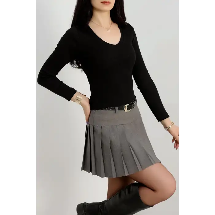 V yaka kaşkorse bluz siyah a3699